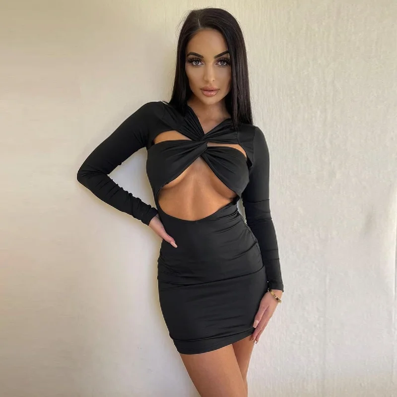 PASUXI Solid Color Long Sleeve Cut Out Dresses Women Clothing One Piece Set Sexy Fashion Ladies Casual Dress PASUXI Solid Color Long Sleeve Cut Out Dresses Women Clothing One Piece Set Sexy Fashion Ladies Casual Dress