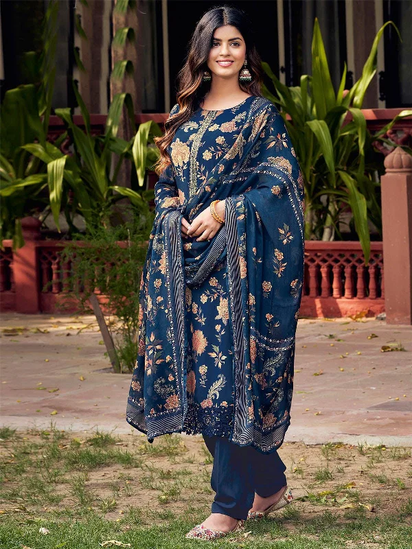 Odette Women Dark Blue Crepe Printed And Embroidered Dress Material
