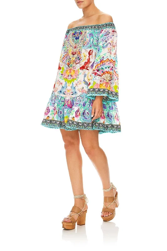OFF SHOULDER FRILL HEM DRESS DRAGON DIVINITY