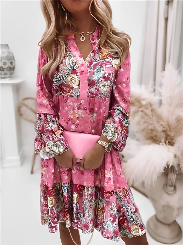 Elegant Beach Floral Print Women Dress Bohimian Loose Flare Sleeve Casual V Neck Dress Ladies Summer Fashion Patchwork Clothing Elegant Beach Floral Print Women Dress Bohimian Loose Flare Sleeve Casual V Neck Dress Ladies Summer Fashion Patchwork Clothing