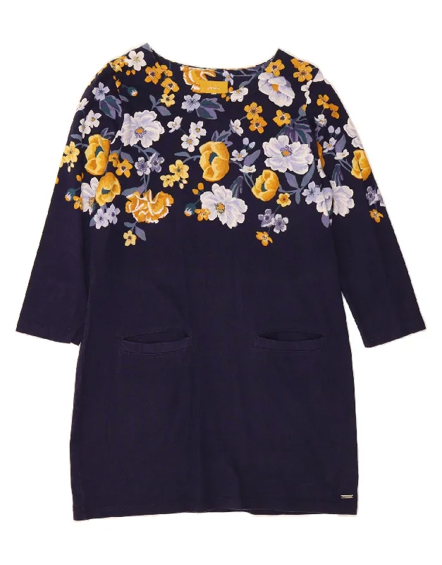 JOULES Womens 3/4 Sleeve Jumper Dress UK 12 Medium Navy Blue Floral Cotton