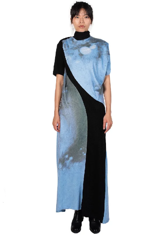 Blue Printed Asymmetric Draped Dress