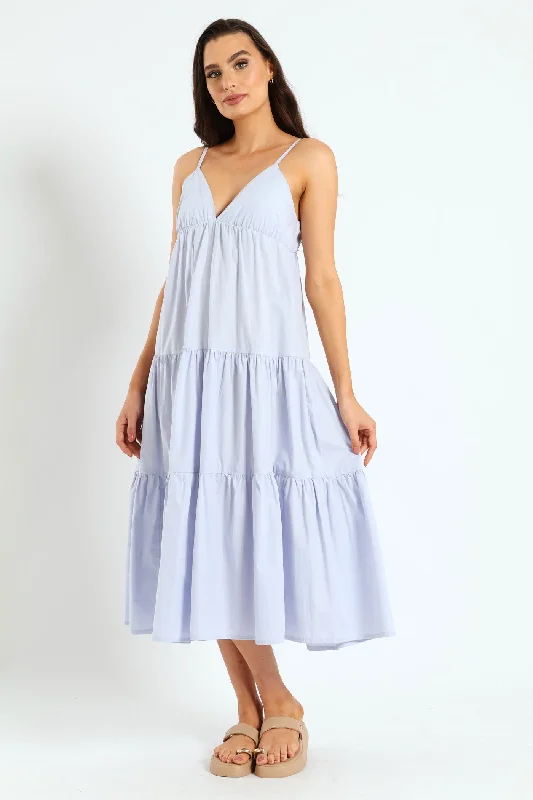 Strappy Tie-Back Tiered Maxi Slip Dress - Light Blue