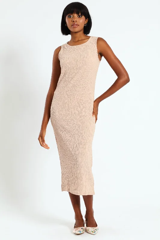 Column Crinkle Knit Midaxi Dress - Taupe