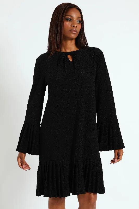 Tie Front Pleated Frill Hem Shimmer Dress - Black