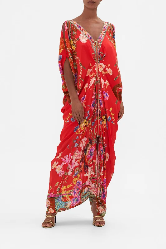 LONG DRAPE DRESS WITH ZIP FRONT RUFFLE SOME FEATHERS