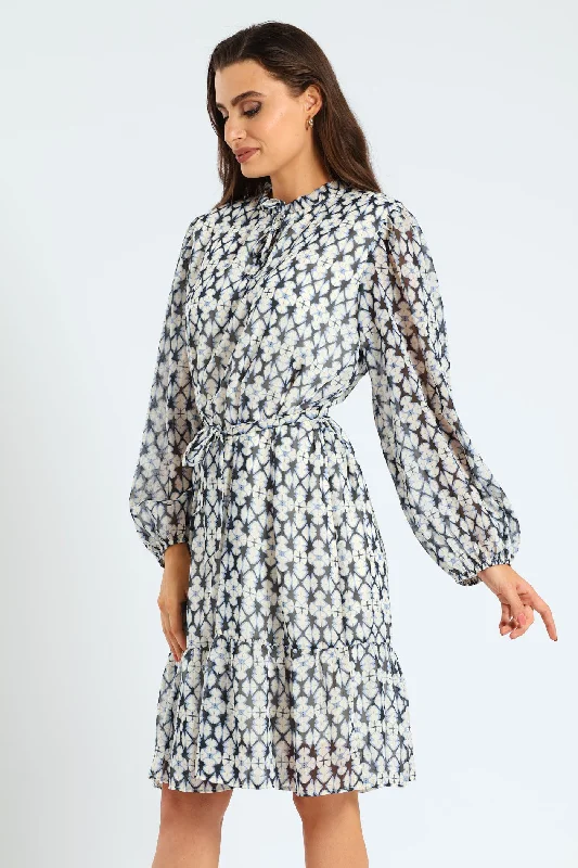 Tie Up Belted Peasant Tea Dress - White/Blue