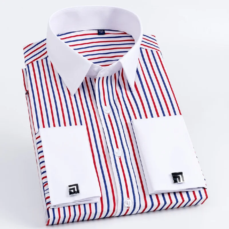Men's Classic French Cuff Long Sleeve Stripe Dress Shirt Without Pocket Formal Business Standard-fit Wedding Party Social Shirts Men's Classic French Cuff Long Sleeve Stripe Dress Shirt Without Pocket Formal Business Standard-fit Wedding Party Social Shirts