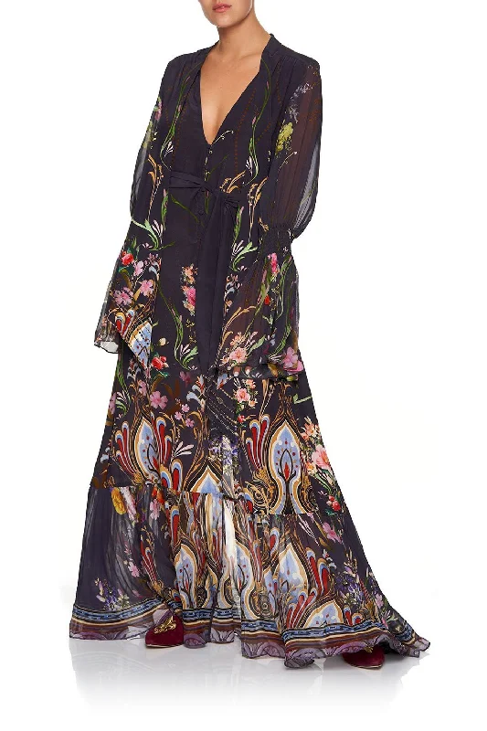 ELASTIC SLEEVE TIE FRONT DRESS WILD FLOWER