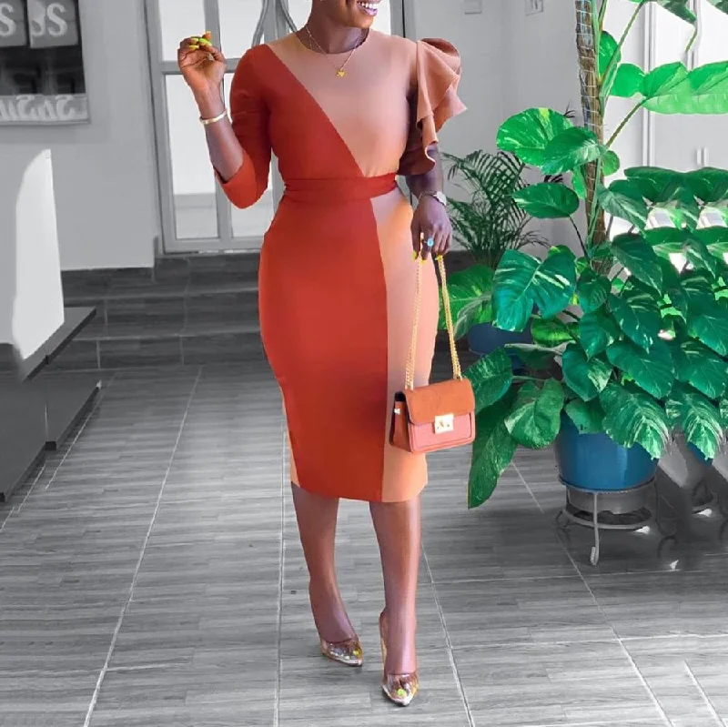 Sexy African Clothes For Women Elegant Dress Ruffles Patchwork High Waist Mid Calf Office Wear Sexy African Clothes For Women Elegant Dress Ruffles Patchwork High Waist Mid Calf Office Wear