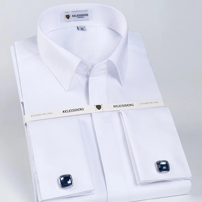 Men's Classic French Cuff Hidden Button Dress Shirt Long-sleeve Formal Business Standard-fit White Shirts (Cufflinks Included) Men's Classic French Cuff Hidden Button Dress Shirt Long-sleeve Formal Business Standard-fit White Shirts (Cufflinks Included)