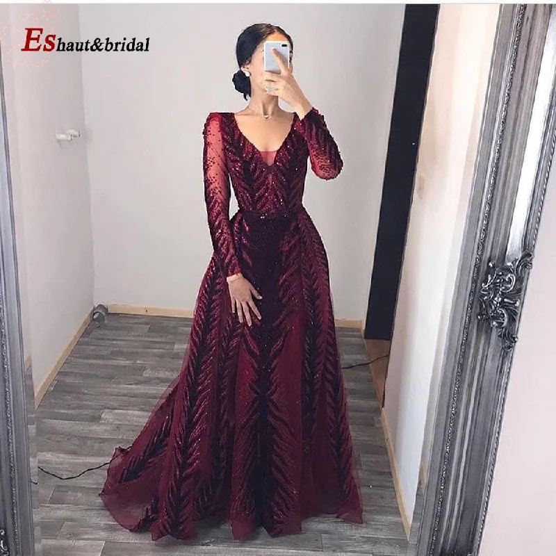 Elegant Mermaid Evening Night Dress for Women 2023 V-Neck Long Sleeves Velvet Crystal Plus Size Formal Wedding Prom Party Gowns Elegant Mermaid Evening Night Dress for Women 2023 V-Neck Long Sleeves Velvet Crystal Plus Size Formal Wedding Prom Party Gowns