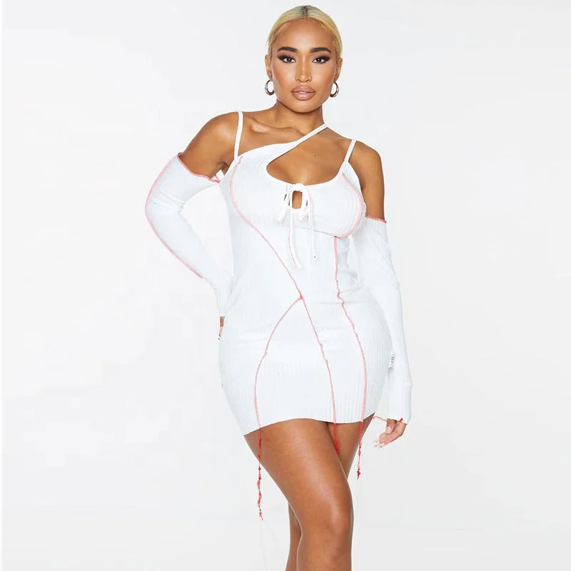 Sexy Patchwork Iregular Off Shoulder Bodycon Spaghetti Strap Backless Mini Women's Dresses