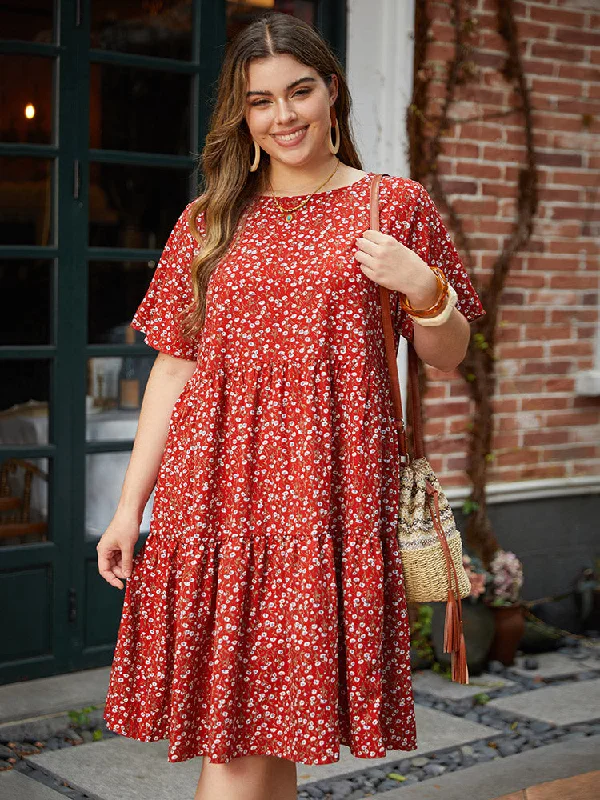 Ditsy Floral Pocket Layered Patchwork Crew Neck Dress