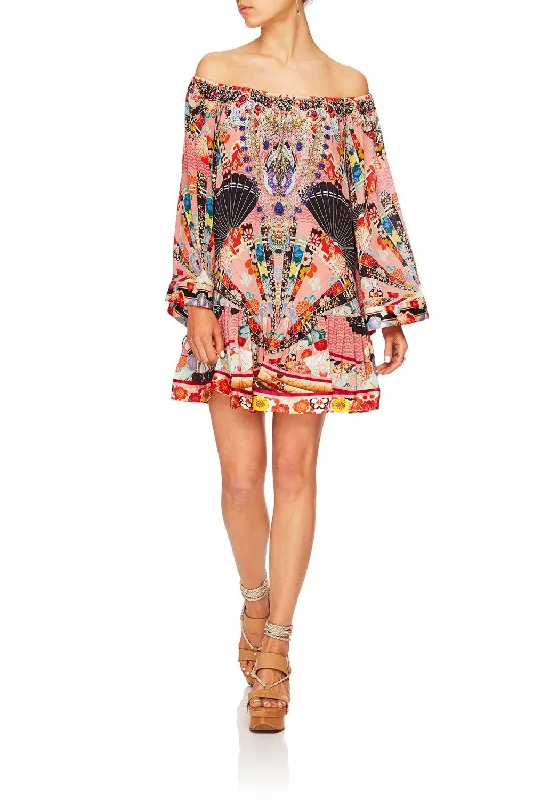 OFF SHOULDER FRILL HEM DRESS POSTCARDS FROM MARS