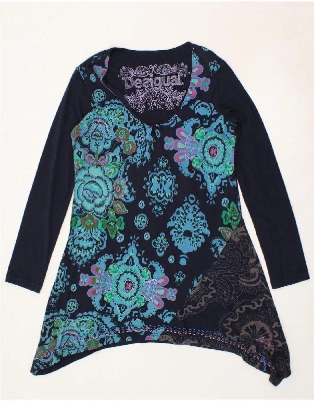 DESIGUAL Womens Long Sleeve Tunic Dress UK 18 XL Navy Blue Floral