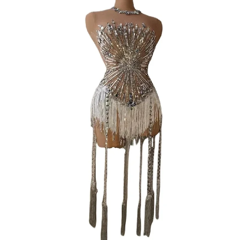 Sparkly Rhinestones Sequins Fringes Leotard Women Sexy Mesh Rhinestone Dress Birthday Celebrate Party Show Wear Sparkly Rhinestones Sequins Fringes Leotard Women Sexy Mesh Rhinestone Dress Birthday Celebrate Party Show Wear