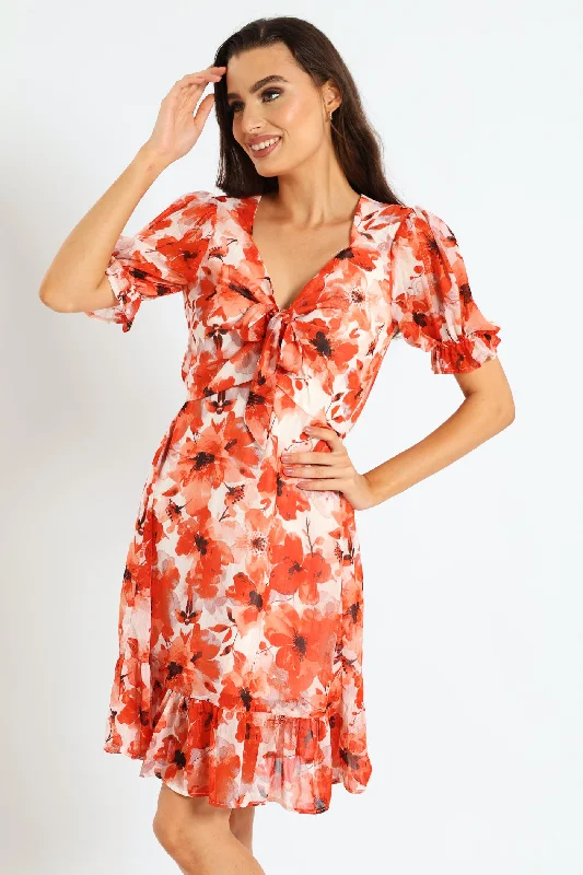 Tie Front Waisted Frill Hem Tea Dress - Orange