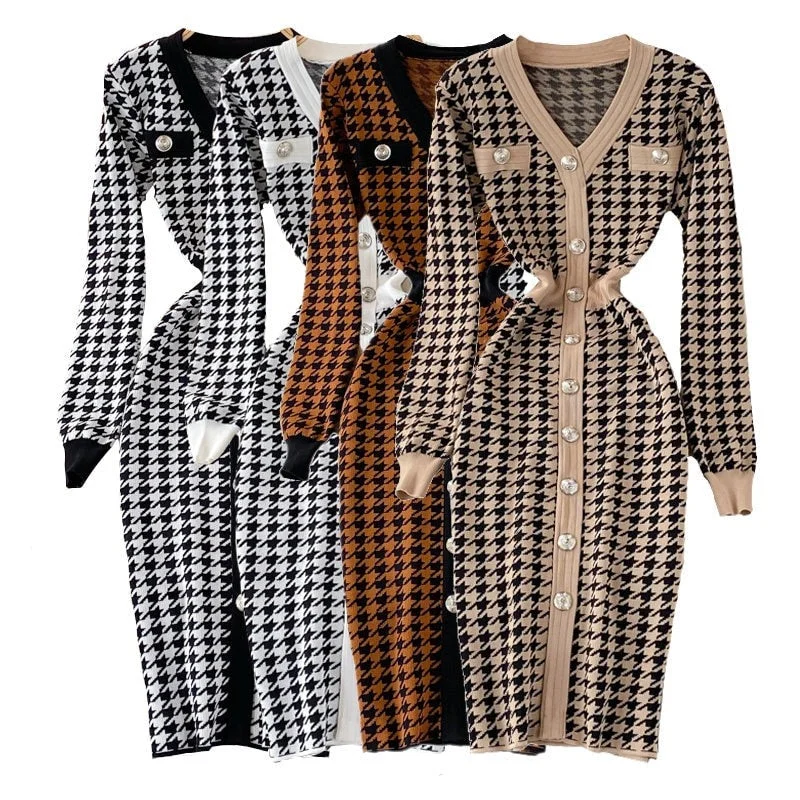 Sexy Elegant Temperament V-neck Hit Color Dress Office Lady Single-breasted Houndstooth Dress Sexy Elegant Temperament V-neck Hit Color Dress Office Lady Single-breasted Houndstooth Dress