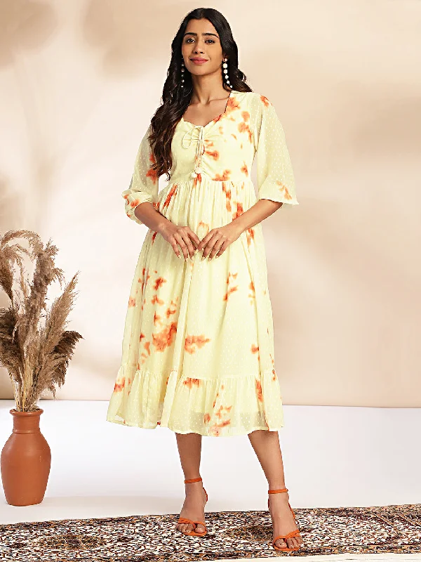 Women Yellow Dobby Georgette Dress