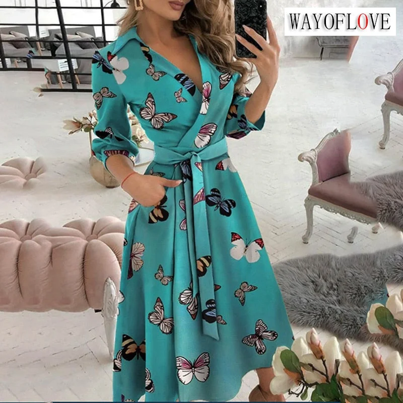WAYFOLOVE Ladies Spring Summer Long Dress Women Long Sleeve Pocket Casual Dresses Elegant V Neck Butterfly Print Vintage Dresses WAYFOLOVE Ladies Spring Summer Long Dress Women Long Sleeve Pocket Casual Dresses Elegant V Neck Butterfly Print Vintage Dresses