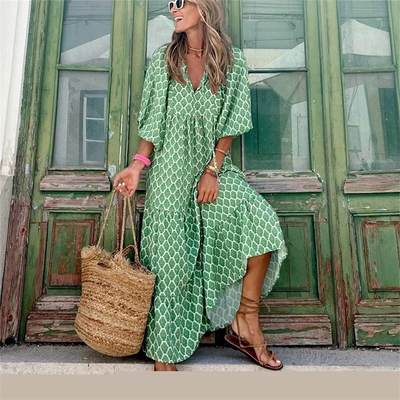 Women Puff Sleeve Dress 2023 New Summer Elegant Boho Holiday Beach Dress Vestidos Female Casual Floral Half Sleeve V-Neck Dress Women Puff Sleeve Dress 2023 New Summer Elegant Boho Holiday Beach Dress Vestidos Female Casual Floral Half Sleeve V-Neck Dress