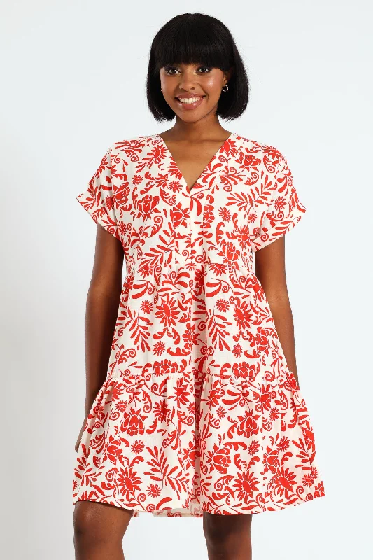 V-Neck Tiered Dress - White/Orange