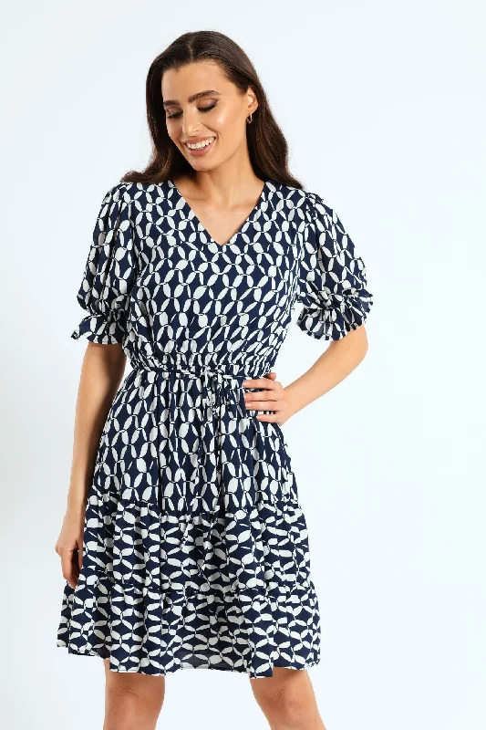 V-Neck Frill Hem Waisted Tea Dress - Navy/White