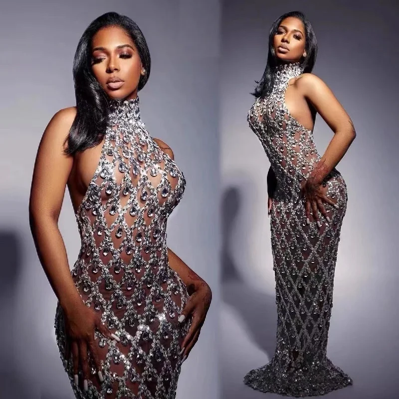 Silver Stones dress Mermaid Bodycon Halter Sleeveless Ballroom Evening Festival Clothing Rhinstone Prom Special Ocassion Show Silver Stones dress Mermaid Bodycon Halter Sleeveless Ballroom Evening Festival Clothing Rhinstone Prom Special Ocassion Show