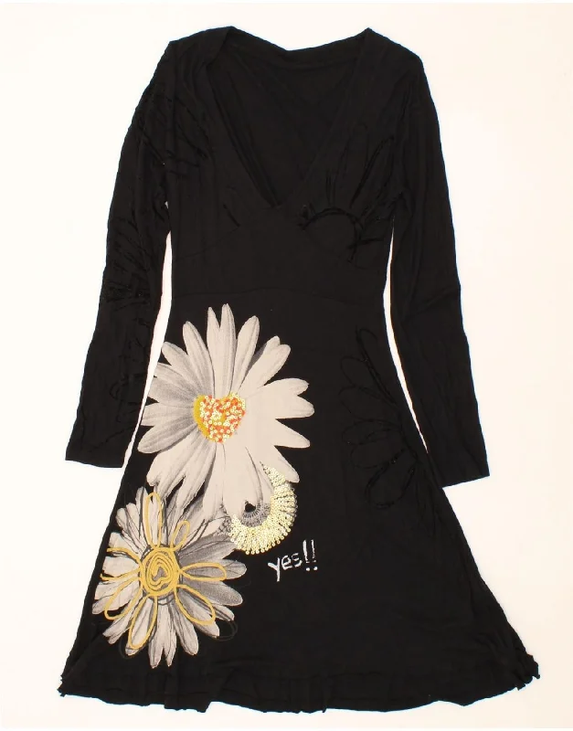 DESIGUAL Womens Long Sleeve A-Line Dress UK 12 Medium Black Floral Viscose
