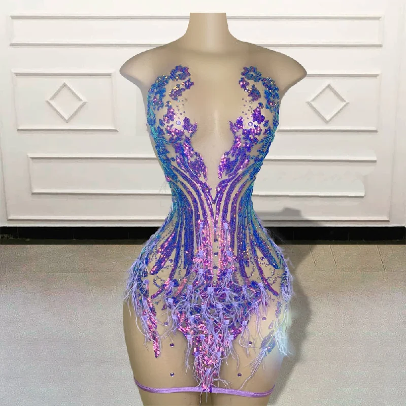 Sexy Sheer Short Prom Dresses for Black Girls 2023 Sparkly Sequin Feathers Women Purple Mini Cocktail Gowns for Birthday Party Sexy Sheer Short Prom Dresses for Black Girls 2023 Sparkly Sequin Feathers Women Purple Mini Cocktail Gowns for Birthday Party