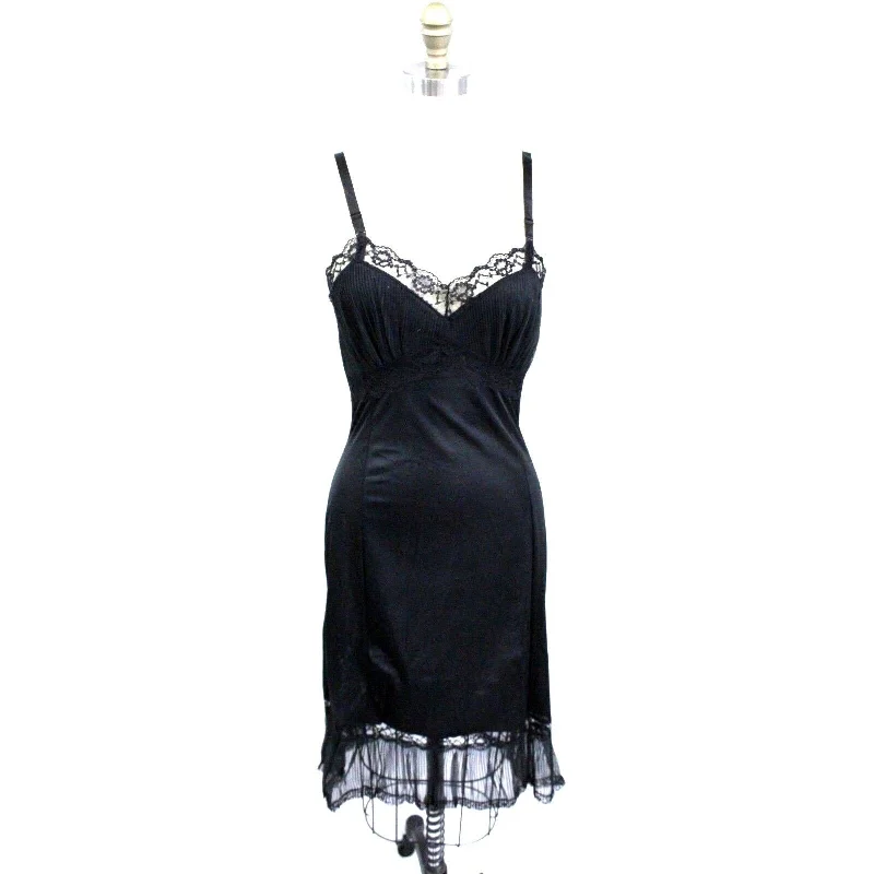 Retro Black Enka Nylon Full Dress Slip Crystal Pleated Chiffon NOS SZ 34 & 36
