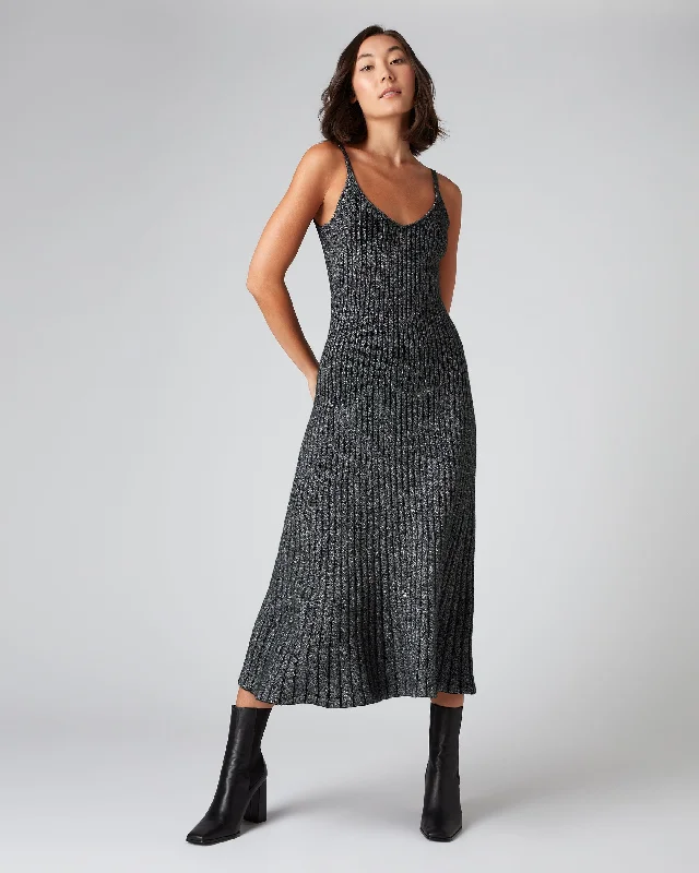 Women's Plated Lurex Rib Cashmere Dress Silver Grey Sparkle