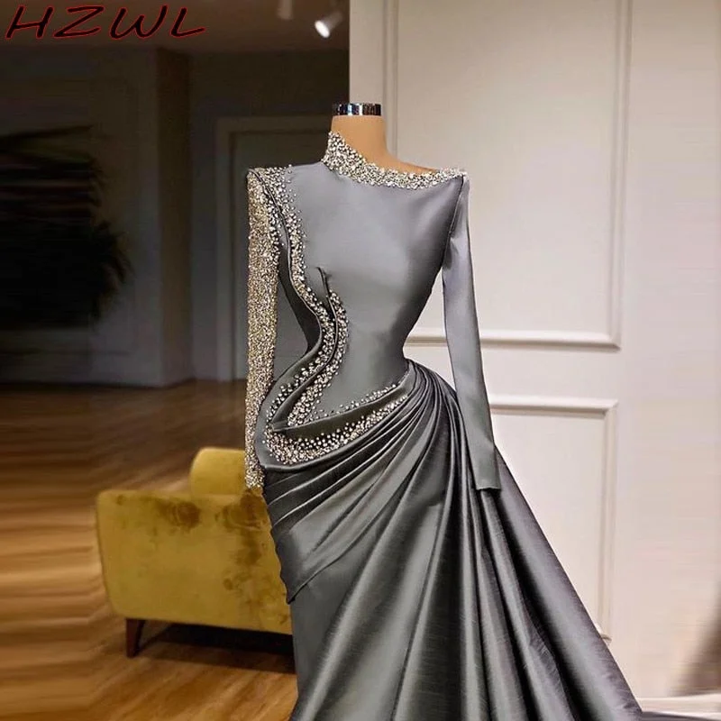 SauDi Arabic Long Sleeves Evening Dresses Major eading Pearsl Sequins Satin Prom Dress vestidos de fiesta Formal Party Gowns SauDi Arabic Long Sleeves Evening Dresses Major eading Pearsl Sequins Satin Prom Dress vestidos de fiesta Formal Party Gowns