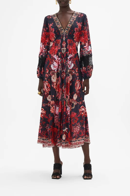 BLOUSON SLEEVE V NECK DRESS WITH LACE SISTERHOOD OF THE ROSE