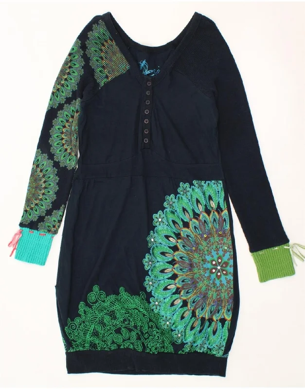 DESIGUAL Womens Long Sleeve Bubble Dress UK 14 Large Navy Blue Floral