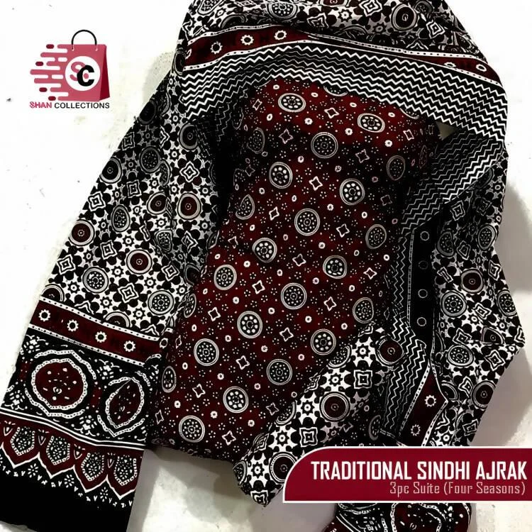 Unstitched Traditional Sindhi Ajrak Dress 3pc