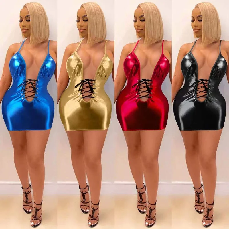 Sexy Summer 2022 club wear Metallic color mini bodycon halter dress spaghetti strap front dresses Sexy Summer 2022 club wear Metallic color mini bodycon halter dress spaghetti strap front dresses