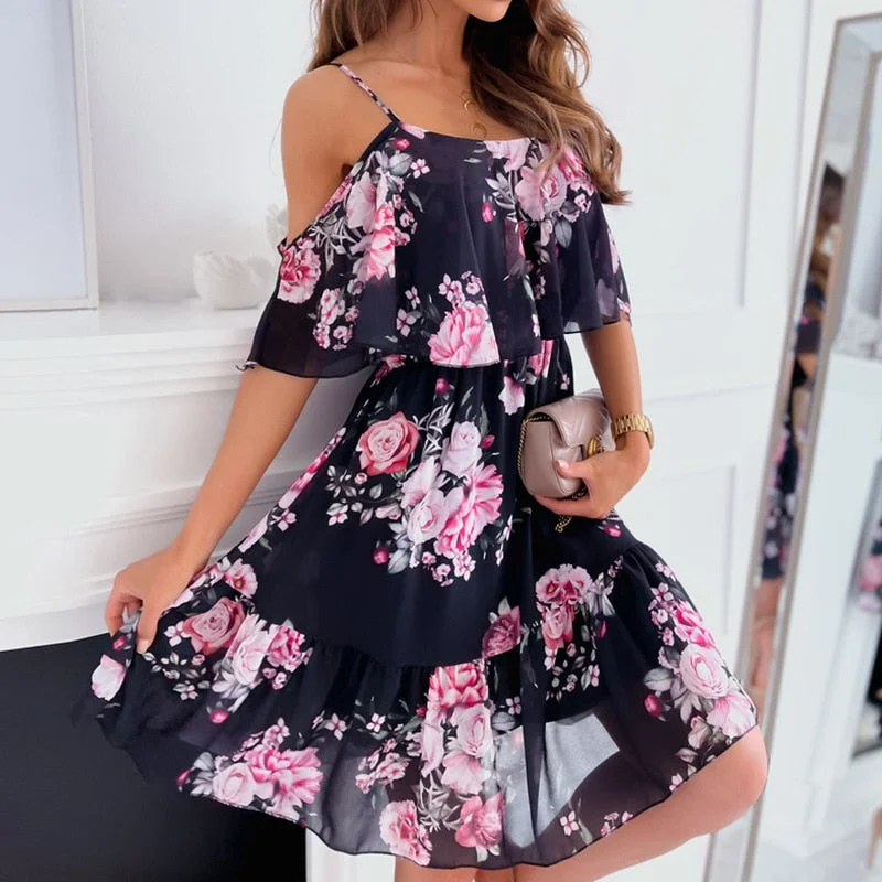 Sexy 2022 Summer Woman Sexy Spaghetti Strap Off Shoulder Floral Print Elegant Dress
