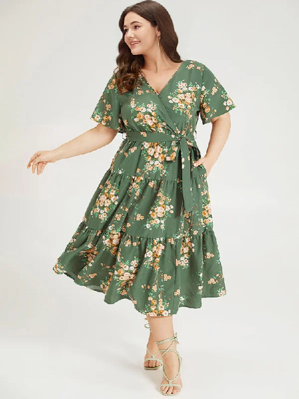 Floral Print Wrap Belted Pocket Ruffle Hem Dress