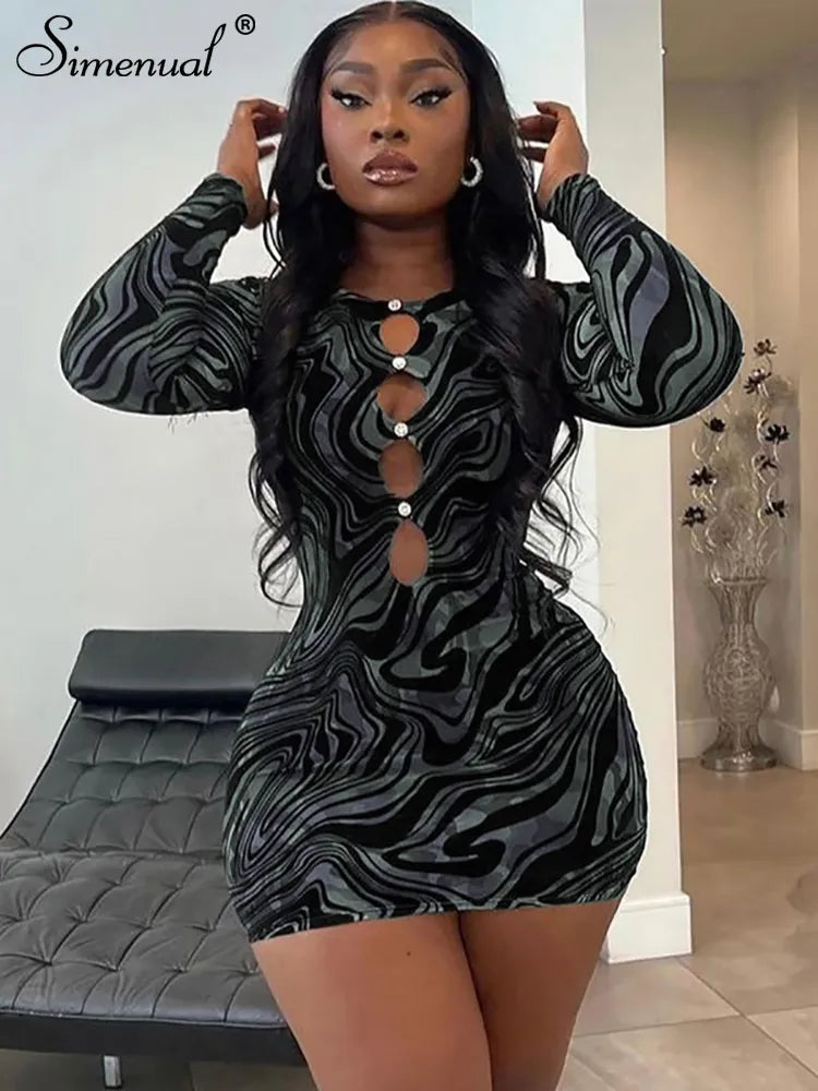Simenual Gorgeous Print Sexy Hollow Out Dress