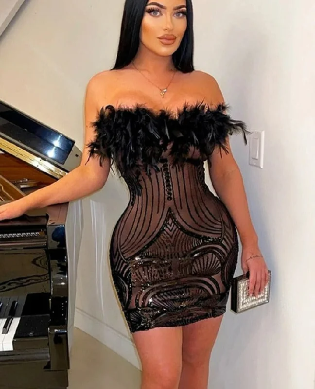 Women Sexy Club Party Night Feather Strapless Birthday Dresses Elegant Backless Mesh Women Sexy Club Party Night Feather Strapless Birthday Dresses Elegant Backless Mesh