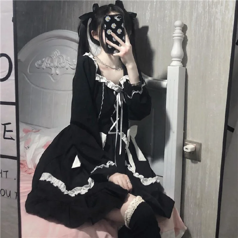 Lolita Long-sleeved Gothic Lolita Skirt Dark Maid Dress Kawaii Waist Bow Girl Dress J50039