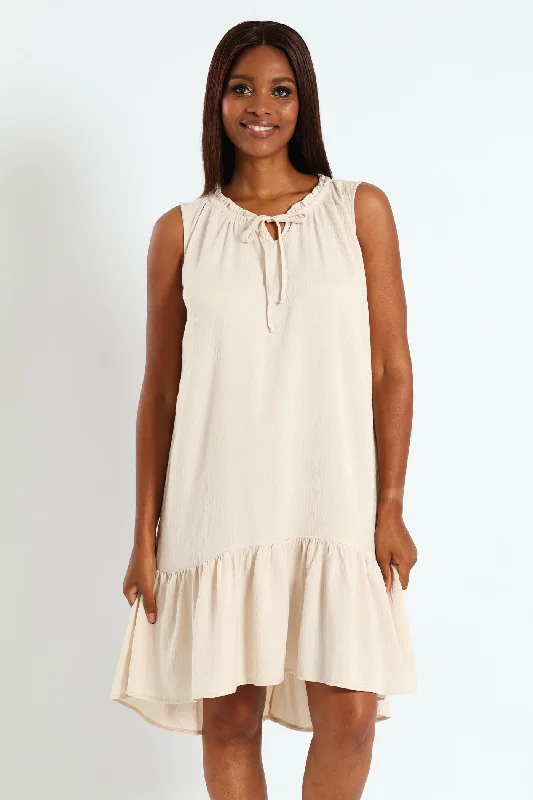 Frill Neck Drop Hem Dress - Light Stone