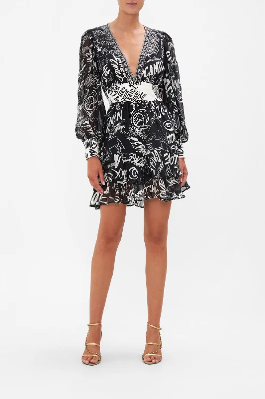 BUTTON FRONT FRILL DRESS SPIRIT SCRIBBLE