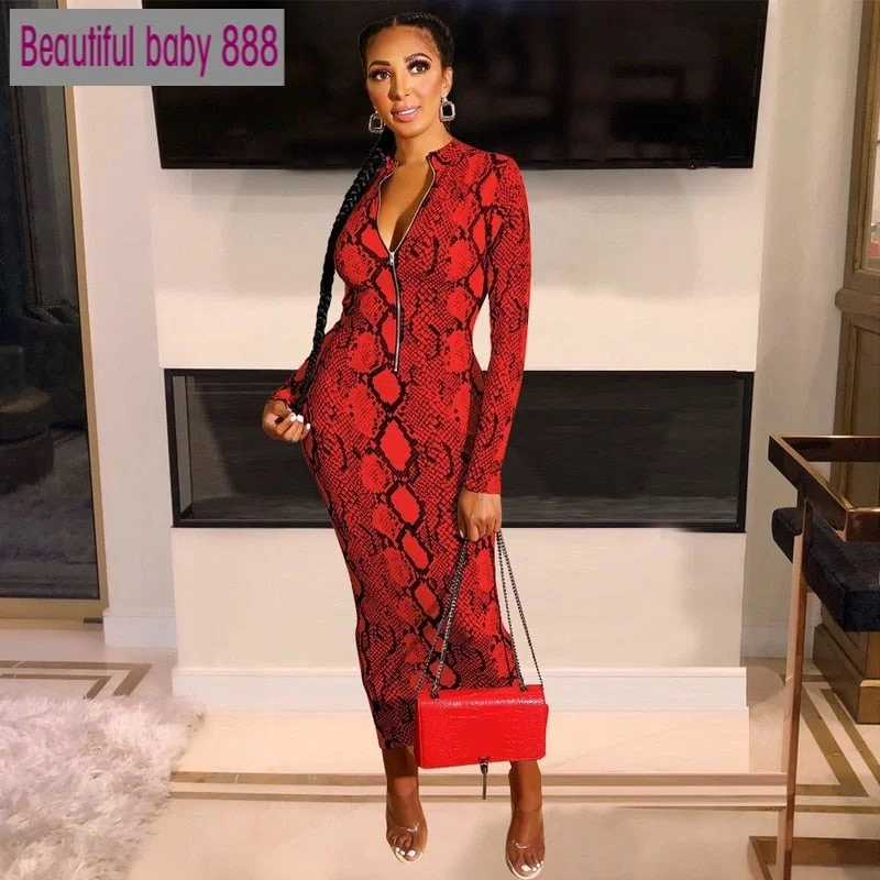 Echoine Sexy Snake Print Bodycon Long Dress Long Sleeve Zipper Women Autumn Evening Party Night Dress Vintage Vestidos Outfits Echoine Sexy Snake Print Bodycon Long Dress Long Sleeve Zipper Women Autumn Evening Party Night Dress Vintage Vestidos Outfits