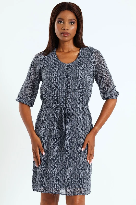 Popover Chiffon Belted Dress - Navy