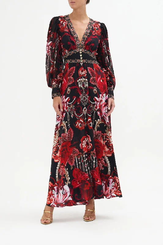 SHAPED WAISTBAND DRESS WITH GATHERED SLEEVES SISTERHOOD OF THE ROSE