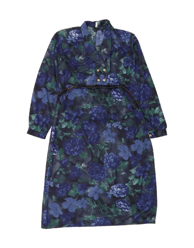 VINTAGE Womens Long Sleeve Basic Dress IT 46 Large Navy Blue Floral Wool