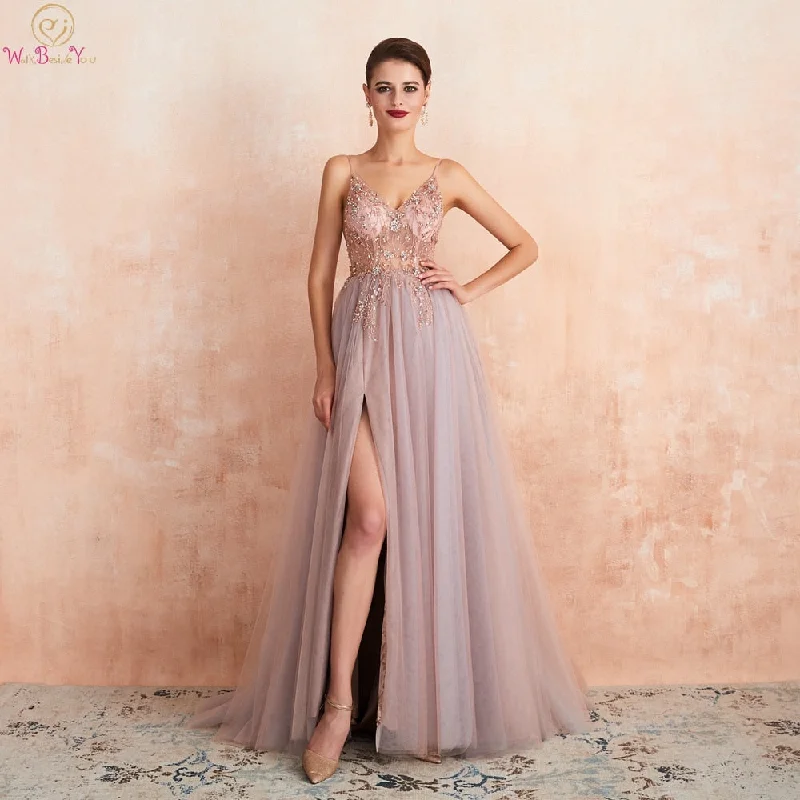 Pink Beaded Prom Dresses Plus Size 2023 Long Elegant See Through A Line Split Tulle V Neck Spaghetti Strap Evening Gown Pink Beaded Prom Dresses Plus Size 2023 Long Elegant See Through A Line Split Tulle V Neck Spaghetti Strap Evening Gown